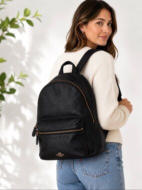 Coach Authentic Charlie Black Soft Pebbled Leather Backpack Gold Zip F38288